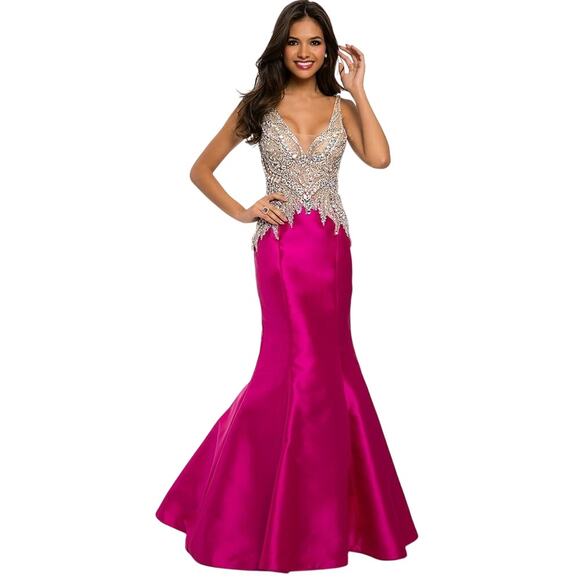 Fashionable Avant Pink Beaded Plunge Back Hi Low Mermaid Dress Size S Small NWT - Picture 1 of 8